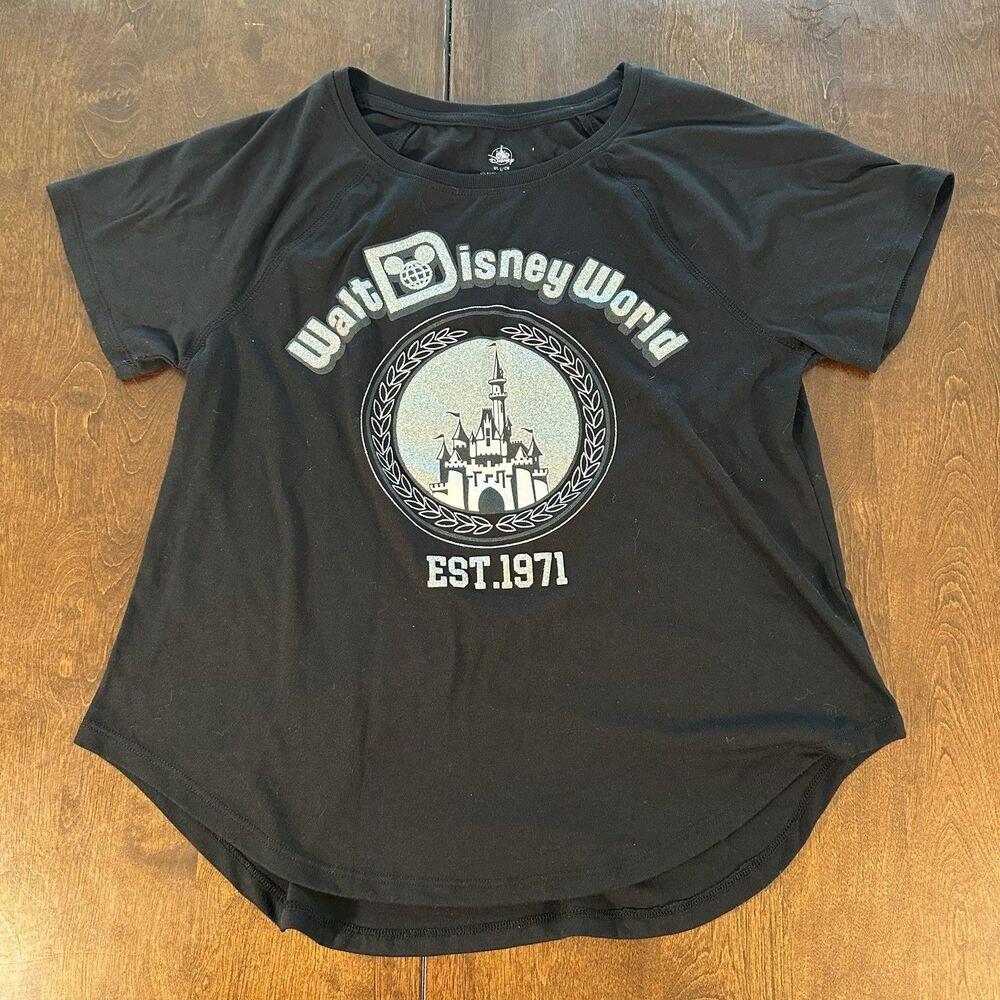 Walt Disney World Black Shirt With Silver Glitter Castle & EST. 1971 Women’s Sm